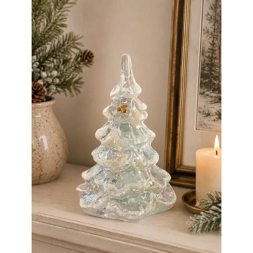 Fenton Art Glass Iridescent Christmas Tree Figurine Gold Accent 6” READ